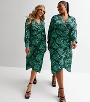 New Look Fan Girl Green Fan Print Satin Collar Midi Wrap Dress